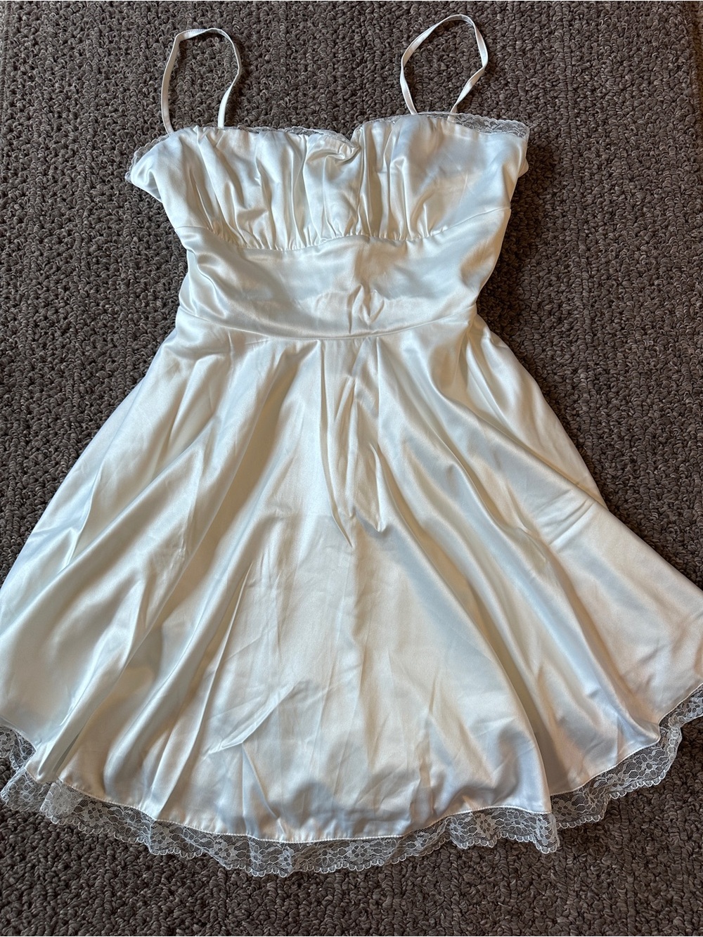 Amazon White Satin Lace-Trim Spaghetti Strap Formal Dress